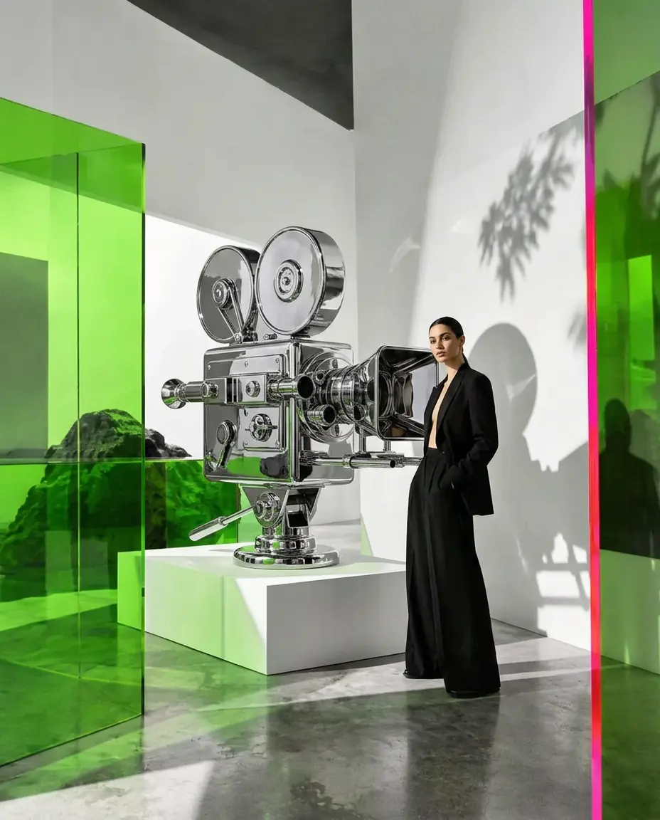 Model in a tailored black suit beside a chrome film camera sculpture among lime-green acrylic panels