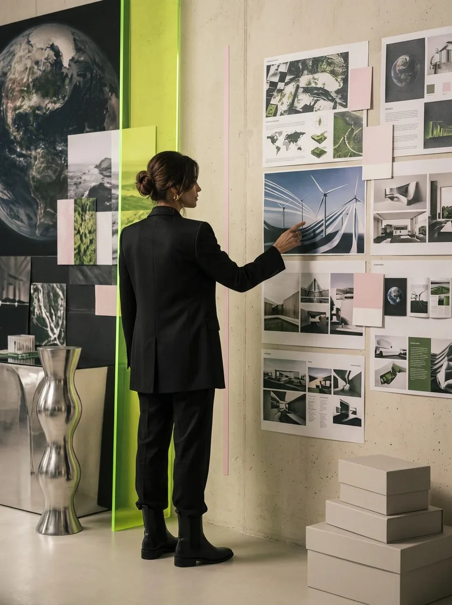 Strategist reviewing campaign boards in an editorial studio